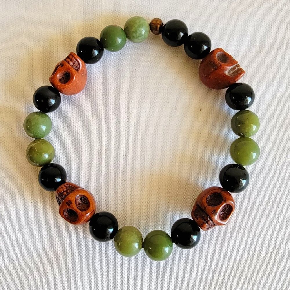 #2 Brown Skulls With Black and Olive Beaded Bracelet, Size S-M